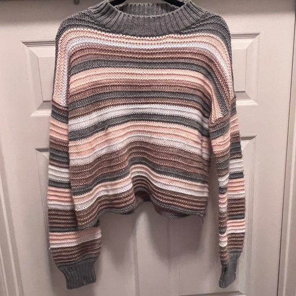 Women’s Knitted Mock Neck Long Sleeve Pink Grey White Striped Sweater Size M/L - Picture 3 of 3